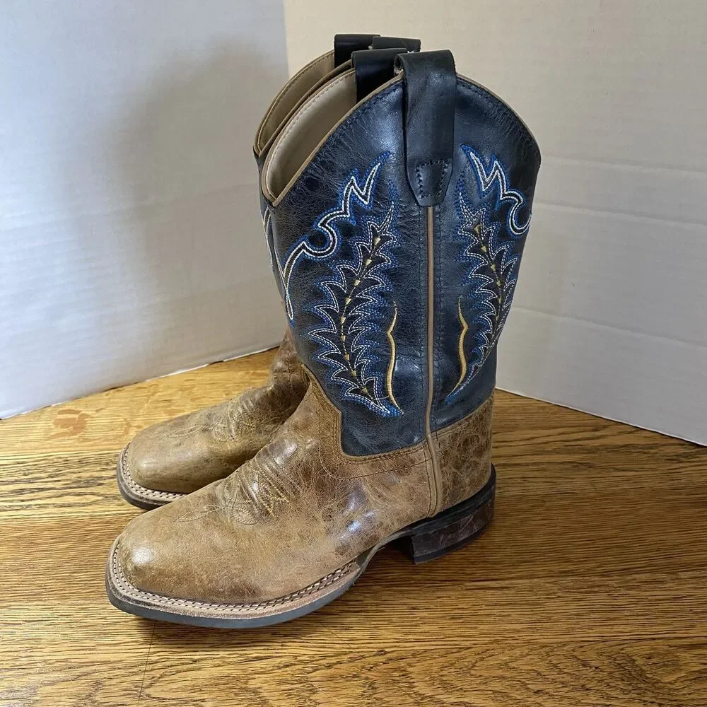 Old West Boys Square Toe Leather Cowboy Boots Sz 1.0 D Brown/Blue Pull On